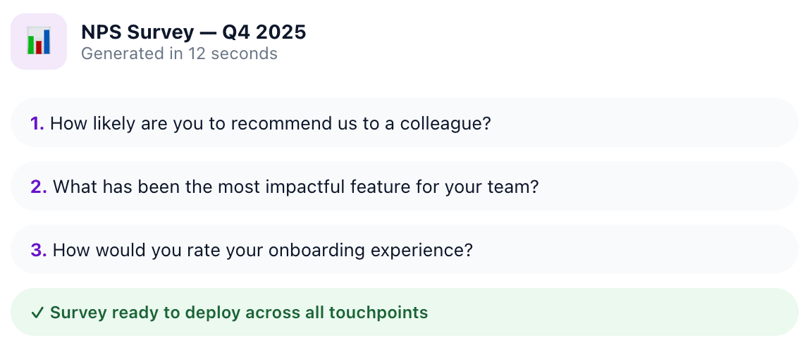 AI-generated NPS survey with three questions ready to deploy across all touchpoints